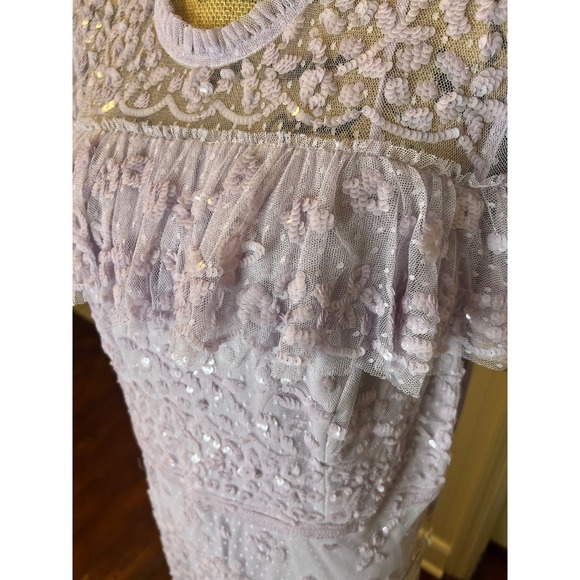 Mac Duggal 9195 Lavender Sequin Floral Lace Tiered Gown Ruffle Capelet Maxi - Picture 9 of 16